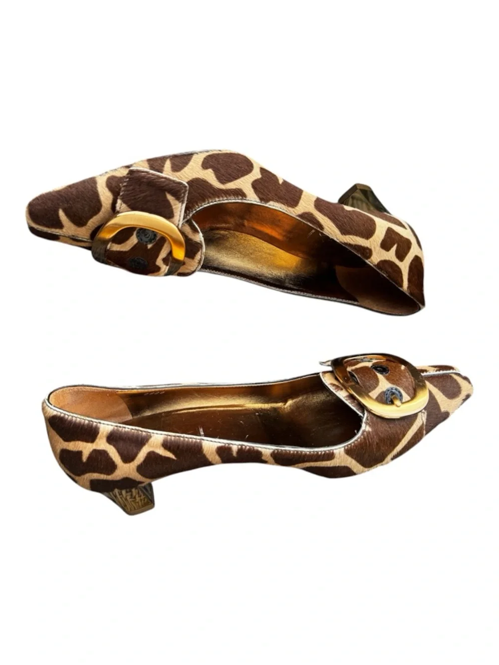 PRADA Calf Hair Giraffe Print Square Toe Kitten Heels Gold Buckle Sz 36.5 US 6.5 - Picture 3 of 15